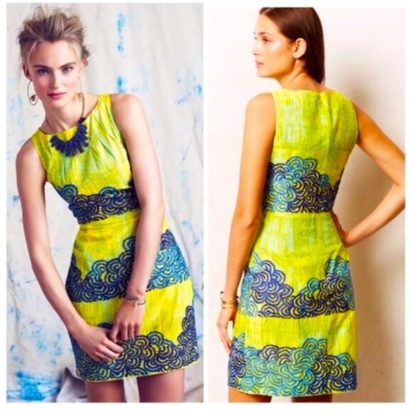 Anthropologie Tabitha Dress Shift Azure Scroll Yellow Blue Swiss Dot Cotton Sz 2 - Picture 16 of 16